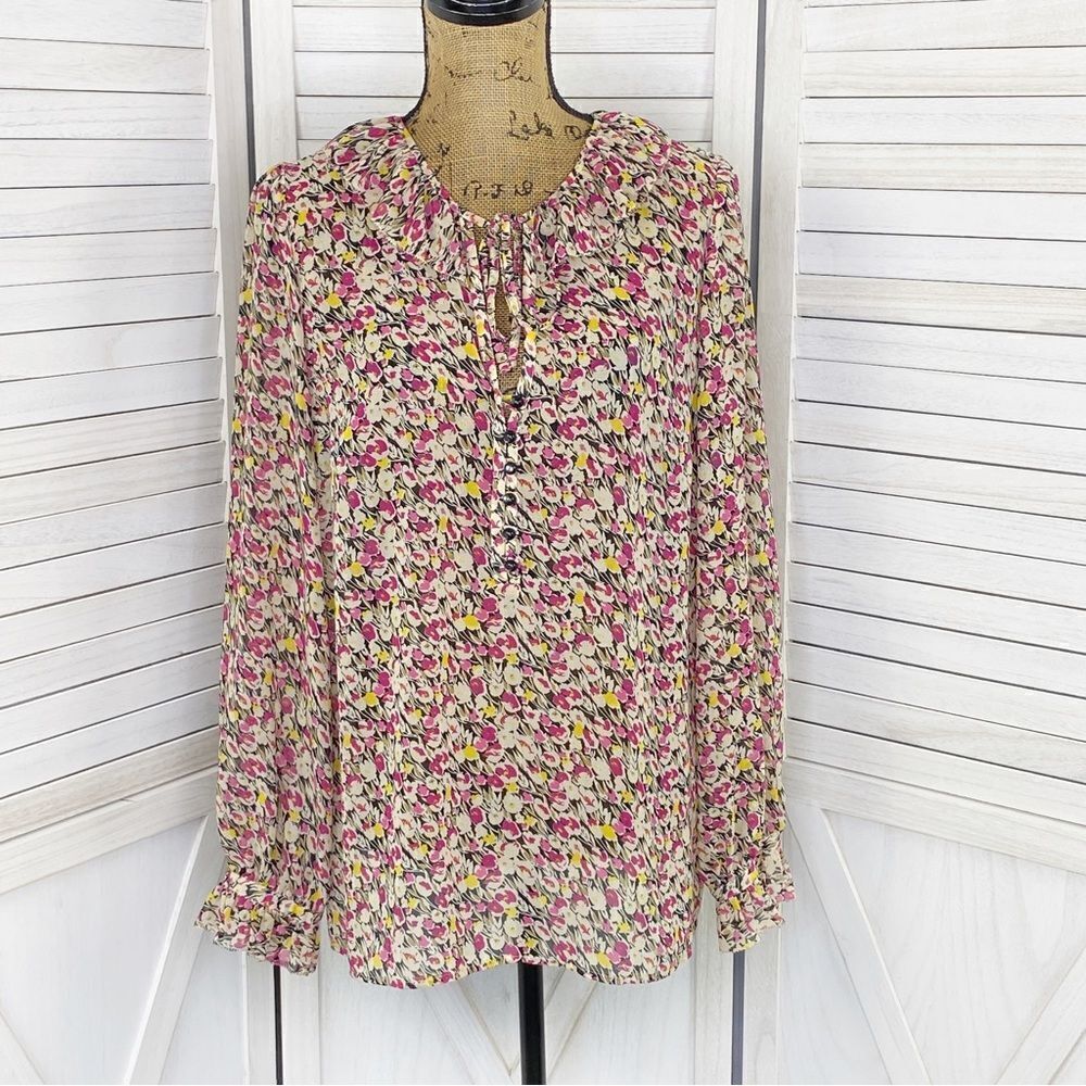 Loft Ann Taylor Ruffle Trim Tie Neck Floral Chiffon Blouse Large Beige Pink